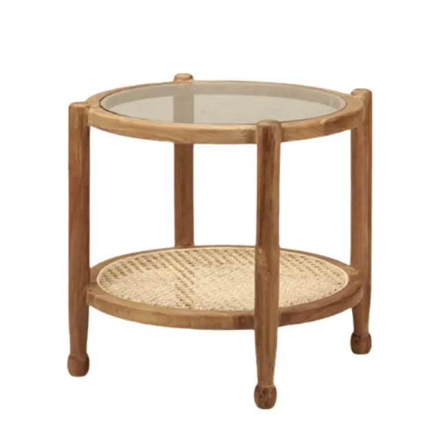 Meja kopi bulat rotan dengan kayu solid jati dan kaca furnitur rumah desain sederhana modern kualitas tinggi harga grosir