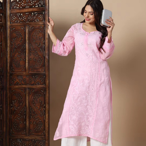 Robes d'hiver décontractées de qualité supérieure brodées à la main Kota Doria Chikankari Kurti Silhouette droite motif solide naturel formel - Product Image 1