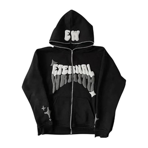 Sudaderas con capucha con cremallera de cara completa con estampado de hojaldre 3D para hombre, sudaderas con cremallera personalizadas de peso pesado 480 GSM, ropa informal negra para hombre, sudaderas con capucha de hojaldre - Product Image 1