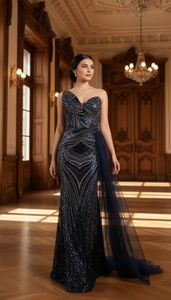 Vestido de Noche Moderno para Mujer, Última Tendencia, Bordado, de un Solo Hombro, Recto, Largo, Formal, para Fiesta, Azul Marino - Product Image 2