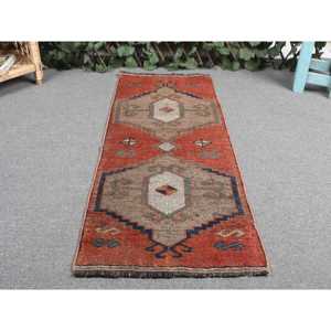1.4x3.4 ft Rug, Turkish Vintage Rug, <b>Red</b> <b>Wool</b> Rug - Product Image 4