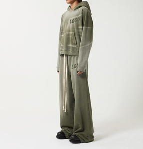 Pantalones de chándal con capucha acampanados bordados desgastados con lavado ácido para hombre, chaqueta, ropa de calle, conjunto de chándal de algodón de 2 piezas - Product Image 2