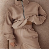 Ensemble de survêtement décontracté deux pièces pour femme en toile, col montant zippé, couleur unie, pull et pantalon de survêtement pour l'hiver