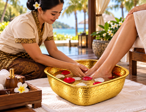 Handmade Gold Hammered Copper Pedicure Bowl Square Wide Rim <b>Foot</b> <b>Bath</b> Basin for Spa and home use - Product Image 6