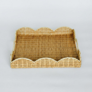 Elegant Scalloped Rattan Rectangular Tray Decorative Wicker <b>Basket</b> For Coffee Table Kitchen Tabletop Organize - Product Image 1
