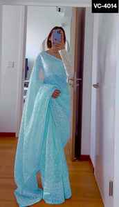 Saree à bordure en dentelle fantaisie de style indien avec soie organza et broderie Chemisier à séquence de broderie en Georgette pour tenue de fête - Product Image 3