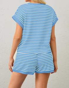 Conjuntos de salón de 2 piezas de verano para mujer, camisetas de manga corta a rayas, Mini Pantalones cortos, Conjunto de pijama acanalado - Product Image 2