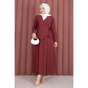 Ensemble deux pièces luxueux en crêpe bordeaux pour femme : haut court à nouer sur le côté et jupe kimono courte – Tailles 2XL, 3XL, 4XL – Idéal été-automne - Product Image 6