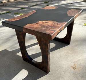 Table basse en résine noire en bois de noyer Burl, meubles en bois massif faits à la main avec grain de bois naturel, table de salon moderne de luxe - Product Image 4