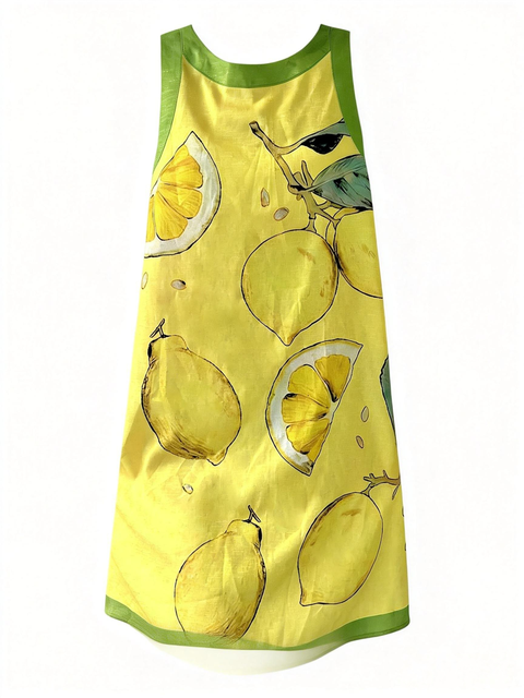 Bohemian Style Summer Beach Casual Comfortable Women's Color-blocked Lemon Leaf Pattern Sleeveless Dress