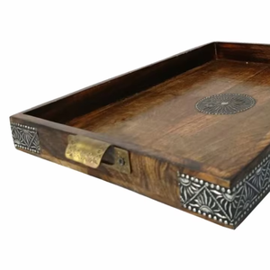 Plateau de service décoratif en aluminium et bois de qualité moderne pour thé café chocolat-pour la maison hôtel Ramadan mariage Diwali Occasions - Product Image 1