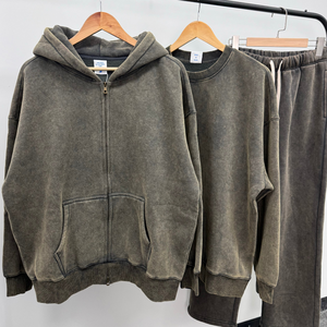 Sweatshirt à capuche zippé et pantalon de survêtement à lavage acide lourd avec ficelles impression bouffée vêtements vintage décontractés surdimensionnés - Product Image 1