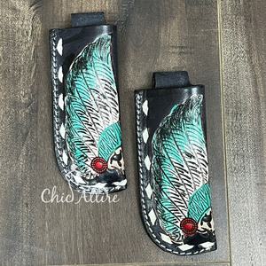 Vente chaude à la main en cuir repoussé couteau pliant Clip étui Western Floral en cuir véritable couteau pliant pochette avec boucle de ceinture - Product Image 1