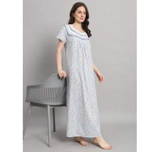 Camisón de encaje 100% algodón para mujer, manga media, largo completo, tela transpirable, cuello con estampado floral, elegante, para verano y otoño - Product Image 1