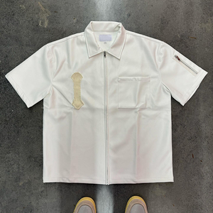 OEM Custom Logo Distressed Applique Embroidery Pu Leather <b>Shirt</b> Custom Short Sleeve Hip Hop Pu Leather Casual <b>Shirt</b> For Men - Product Image 3