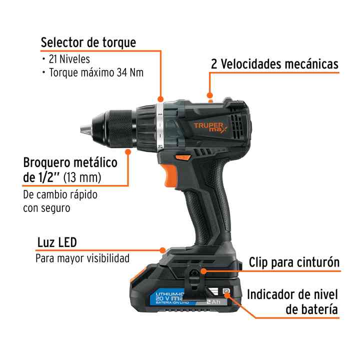1/2' Cordless Drill, 20V, without accessories, TRUPER MAX, 101404