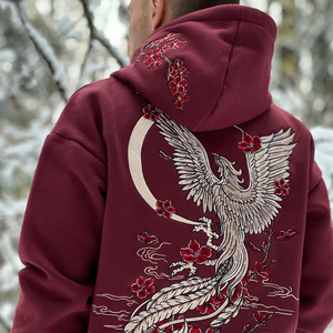 Sudadera con Capucha para Hombre, Color Granate Borgoña, Bordado de Fénix en la Espalda, Capucha con Cordón, Bolsillo Tipo Canguro, Ropa Urbana - Product Image 2