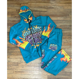 Streetwear unisexe de qualité supérieure pour hommes Survêtement régulier en coton avec pantalon en polaire Sweat à capuche imprimé flamme sur le devant Vêtements d'hiver - Product Image 1