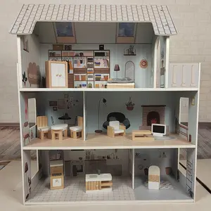 Casa de muñecas de madera para niñas y niños, casa de muñecas de madera de 3 pisos con muebles y accesorios, casa de muñecas de juguete preescolar