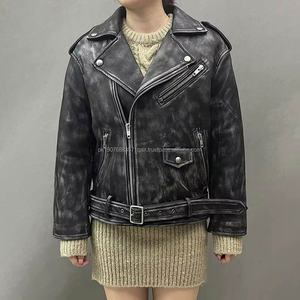 Veste en cuir de moto pour femme en peau de mouton véritable noire, vente en gros, hiver-printemps - Product Image 1