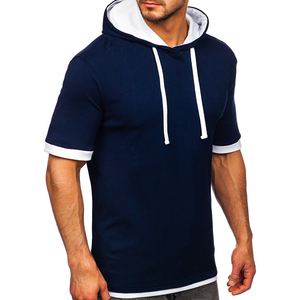 Camiseta con Capucha de Manga Corta Azul Marino para Hombre, con Ribete Blanco en Contraste, Logotipo Frontal, Transpirable, Corte Regular, Estilo Casual, Tejido de Punto - Product Image 5