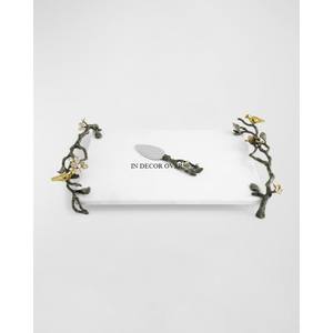 Plateau de service en forme de rectangle en marbre de haute qualité avec poignées de conception élégantes uniques de couleur noire et or - Product Image 1