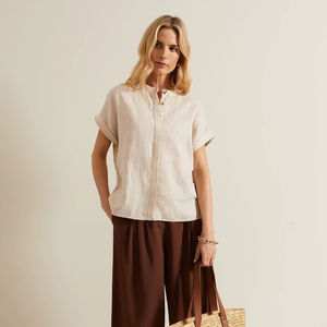 Lino natural cuello mandarín botón frontal manga corta Casual sólido Vintage ODM blusa - Product Image 1