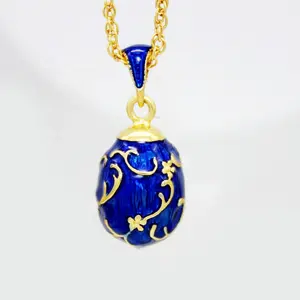 Russian style Fancy Girls Handmade Jewelry Color Enamel Easter Day Blue Daisy Flower Pendant Faberge egg Necklace