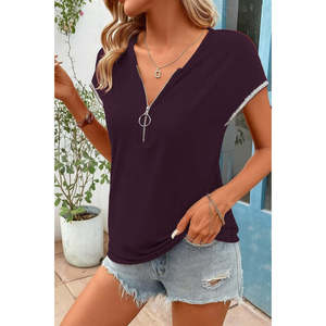 Blusa de viscosa de manga corta con cremallera frontal y puños brillantes para mujer, 36125 - Borgoña - Product Image 4