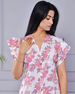 Hermoso Kurti de algodón estampado floral blanco y rosa con patrón tradicional Jaipuri para uso diario de mujeres de la India - Product Image 6
