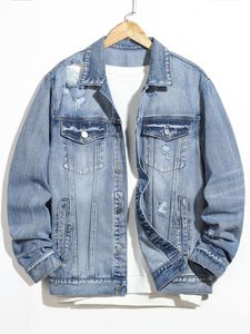 <b>Men's</b> Washed <b>Denim</b> Hoodie <b>Jacket</b> Contrast Sleeve Button Front Pockets Casual Streetwear for Autumn - Product Image 5