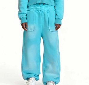 Unisex Cyan Crew Neck Tracksuit Set Elastic Waist Breathable Lightweight Loose Fit Solid Color Cotton Casual Wear Streetwear - Product Image 2