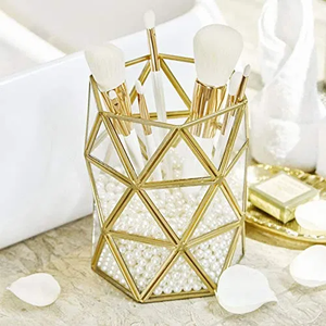 Modern Traditional Unique Design Geometric Shape Brass Metal Glass <b>Makeup</b> Brush <b>Holder</b> & Pen <b>Holder</b> Gold Plated Home Decorate - Product Image 1