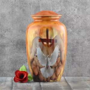 Urna de cremación personalizada Diseño único de mármol naranja Hecho a mano Metal más raro Recubierto antiguo Cruz Venta alta Cenizas Urnas Suministros - Product Image 2