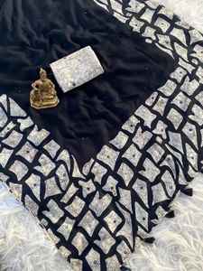 Sari pour femme en faux georgette épaisse avec travail de miroir sur toute la longueur du pallu et franges, fabriqué en Inde, en stock, sans échantillon, délai de livraison - Product Image 3