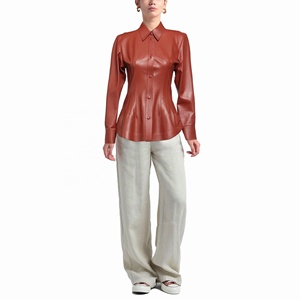 Camisa de Cuero Genuino Color Marrón Oxidado para Mujer, Cuello Alto, Manga Larga, Cierre de Botones, Diseño Personalizado, Camisa de Cuero de Manga Corta Negra - Product Image 4