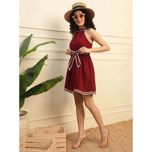 Robe courte en coton uni pour femme DEEBACO, sans manches, col halter, avec ceinture, style décontracté western pour l'été - Product Image 3