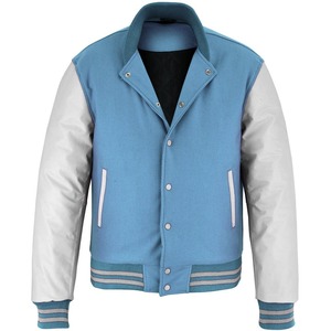 Blouson universitaire OEM 2026 bleu ciel en laine avec manches en cuir blanc pour homme – Veste d'hiver chauffante de haute qualité à faible MOQ - Product Image 4