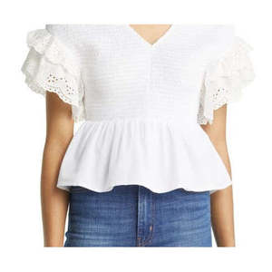 Top corto de mujer XX-Small con manga con volantes, cuello en V, fruncido, de tela de chifón bordada blanca, de punto, ajuste holgado y cuello con volantes - Product Image 3