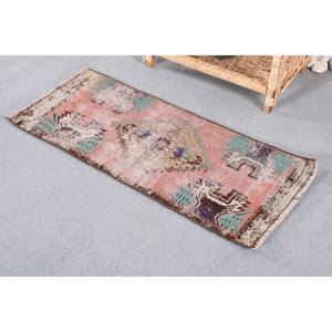 Tapis patchwork en laine vintage 1.2x2.9 pieds rose bleu fait à la main motif de couloir rectangle pour chambre salon support en latex peluche - Product Image 2