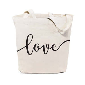 Love Cotton Canvas Tote Bag Recyclable Eco-Friendly Ribbon Handle for Daily Use Gifts Available Plain Letter Screen Designs - Product Image 1