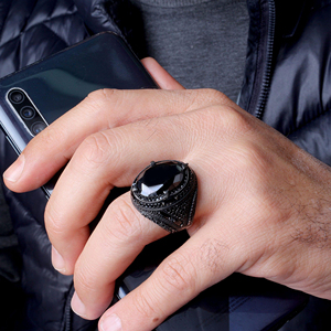 Hot Sale Turkish Vintage Wedding <b>Mens</b> Luxury 925 Sterling Silver <b>Ring</b> Black Natural Stone Party Wholesale Jewelry Turkey - Product Image 4