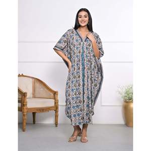100% Cotton Hand <b>Block</b> <b>Printed</b> Kaftan Elegant Casual Lady Floor-Length Dress for Leisure & Valentine's Day - Product Image 1