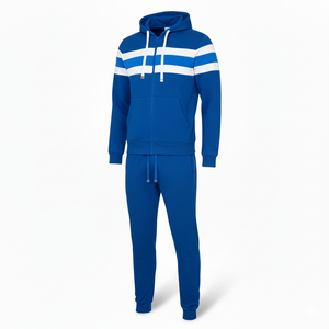 ชุดวอร์มผ้าฟลีซแบบมีฮู้ดและกางเกงจ๊อกเกอร์มีซิปเต็มตัวสำหรับผู้ชายผ้าคอตตอนผสมสีฟ้าลายทางแบบสปอร์ตตัดกัน - Product Image 5