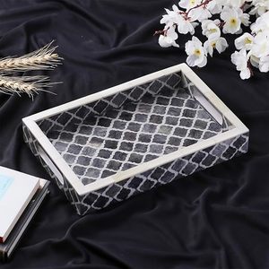 Bandeja de servicio con incrustaciones de hueso blanco Diseño elegante hecho a mano Bandeja de servicio con incrustaciones de hueso negro Acento decorativo para el hogar al precio más bajo - Product Image 2