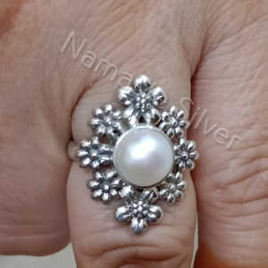Handmade Boho Floral <b>Statement</b> <b>Ring</b> Sterling <b>Silver</b> with Pearls for Birthday Anniversary Christmas or Valentine's Day Gift - Product Image 6