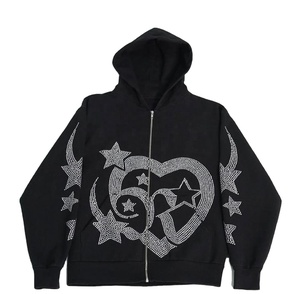 Sudadera con capucha de felpa francesa de algodón con cremallera completa para hombre, diseño único con ropa de calle de diamantes de imitación para invierno, logotipo personalizado - Product Image 1