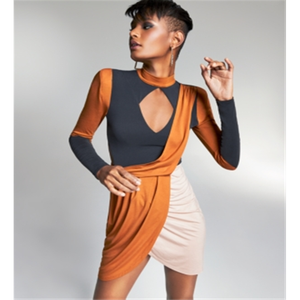 Abito Mini Bodycon Zerina Akers per Bar III, Marrone, Taglia XXXL, Stampa Colorblock, Jersey, Senza Spalline, con Volant, Piume e Nappe, per Feste - Product Image 2