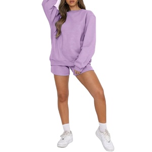 Último diseño al por mayor en blanco flees pantalones cortos de 2 piezas invierno jogging deportes llano mujeres flees sudadera hombro caído - Product Image 1