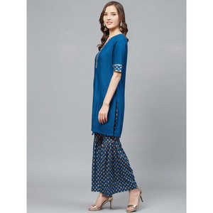 Ensemble Kurta & Sharara droit imprimé bleu rayonne pour femme avec accents dorés - Product Image 3